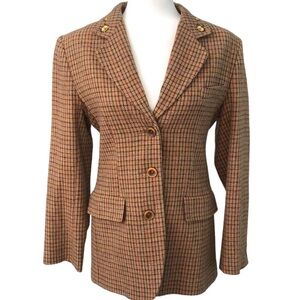 Armand Ventilo Brown Houndstooth Print Wool Blazer Beaded Collar, French Size 40